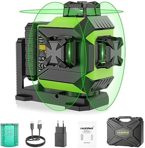 Huepar 3 x 360 Kreuzlinienlaser Selbstnivellierend, Laserwasserwaage grün | Professionelle 12 linienlaser für Fliesen und Decken, Pulsmodus, wiederaufladbarer, Magnethalterung, Hartschalenkoffer 703CG