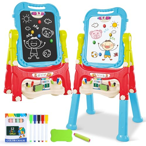 Staffelei für Kleinkinder, Kreidetafel und Whiteboard mit Zeichenwerkzeugen | Staffelei für Kleinkinder, doppelseitige magnetische Kreidetafel und Whiteboard mit Malzubehör, für Jungen und Mädchen
