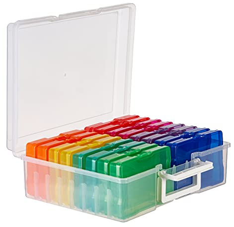 MATANA Foto-Aufbewahrungsbox (38x30x13cm, Farbig) für 15x10cm Fotos - Foto Organizer Box mit 16 Fächern und Etiketten - Sticker & Saatgut Aufbewahrung
