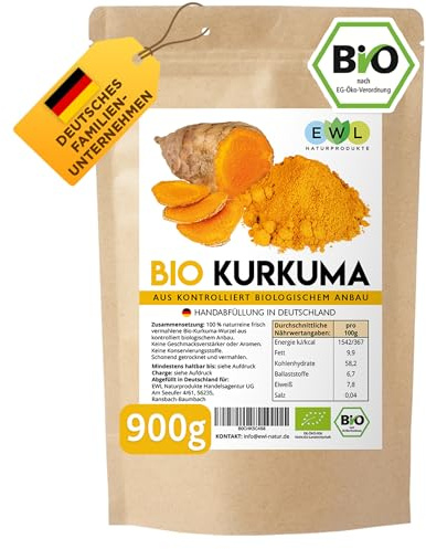 EWL Naturprodukte BIO Kurkuma Pulver 900 g, Kurkuma Bio Pulver fein gemahlen, Curcuma Pulver aus kontrolliert biologischem Anbau