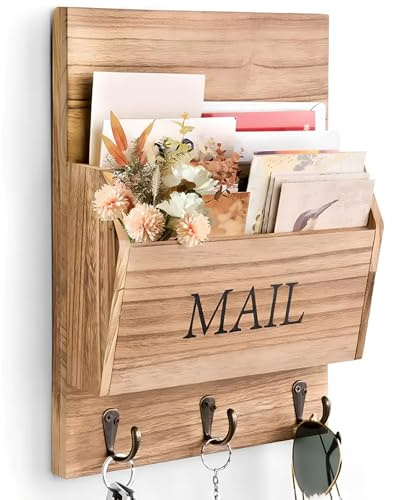 GAESHOW Post Organizer, Briefständer Holz Wand mit Haken, 2 Fächer Zeitschriftenständer Wandmontierter für Büro, Post, Zeitschriften, Briefpapier, Ordner, Organisation