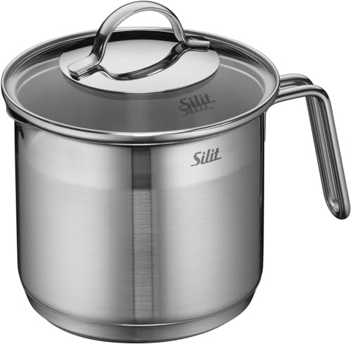 Silit Achat Milchtopf Induktion mit Glasdeckel 14 cm, hoher Kochtopf 1,7l, Edelstahl teilmattiert, Milchkopchtopf Induktion, unbeschichtet, backofengeeignet
