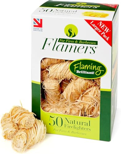 Flamers Grill- und Kaminanzünder 50 Stk. I Anzündwolle zum schnellen Feuermachen I Anzünder Holzwolle für Pizzaofen, Feuerschale, Kamin & BBQ Grill, Braun