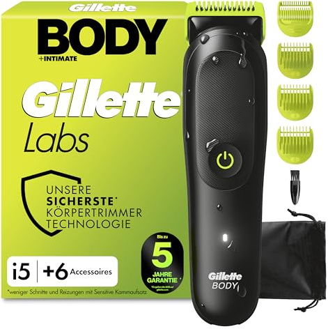GilletteLabs i5 Body + Intimate Trimmer Herren mit SkinFirst-Technologie — Intimrasierer Mann für Körper & Intimbereich, Wasserdichte — Schwarz/Grün