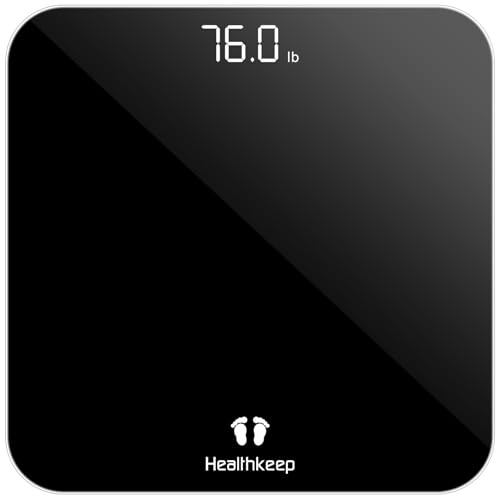 Healthkeep Personenwaage Digital mit LED-Display, Körperwaage mit Hochpräzisions-Sensoren, Präzise Digitale Waage Personen aus Sicherheitsglas bis 180kg, Schwarzes Glas Große runde Ecke 26 * 26cm