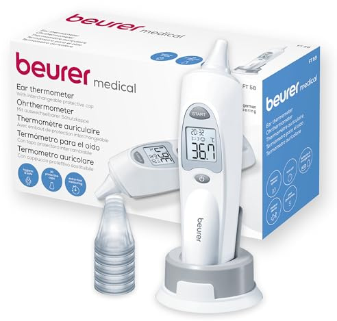 Beurer FT 58 Ohrthermometer, Fieberthermometer mit Infrarot-Messtechnik für Messung im Ohr & Objekttemperaturmessung, Fieberindikator, inkl. 10 Schutzkappen, für Babys, Kinder und Erwachsene