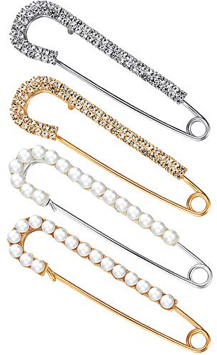 Boao 4 Stück Broschen Anstecknadeln für Damen Perle Strass Sicherheitsnadel Damen Schleppennadel Brautkleid Brosche Pin Clip für Pullover Schal Kragen Hosen Rock Mantel Kleid Strickjacke, Gold Silber