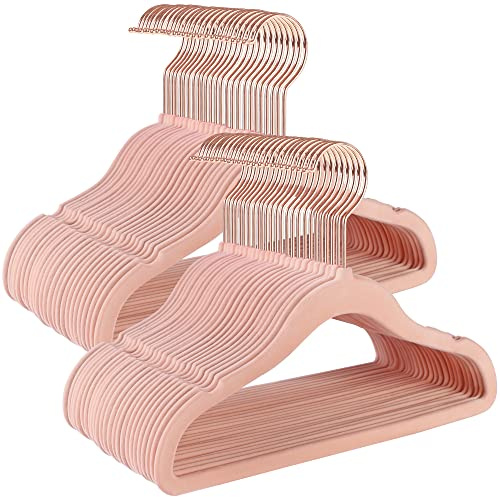 SONGMICS Kinderkleiderbügel, 50er Set Kleiderbügel Kinder, Baby-Kleiderbügel, Bügel Samt, 360° drehbarer Haken in Roségold, platzsparend, rutschfest, für Kleiderschrank, pastellrosa CRF027P01