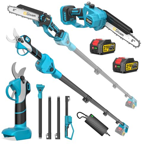 8 Zoll Mini Kettensäge & Akku Elektro Gartenschere 4-in-1 Gartenwerkzeug Set,Mit 2×4.0ah Akku,VerläNgerungsstange Bis 4.2m,BüRstenloser Motor,Elektro Hochentaster AstsäGe FüR Baumzweige, Holzschneiden
