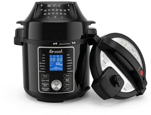 Saaf Multicooker mit Airfryer – 15-Teiliges Set – 24 Programme – Slowcooker, Reiskocher, Dampfgarer & Schnellkochtopf, Schongarer – 6L – Inklusive Korb, Kochtopf & Kochbuch – Digitales Display