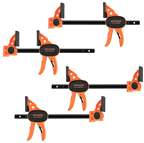 JORGENSEN Einhandzwingen 4 Stück, Profi Schraubzwingen Set 2 in 1 kombinierbar zum Spannen Dehnen, Spannweite 150/420mm, Spannkraft 68kg für stabiles Fixieren von Holz Möbel mit einer Hand