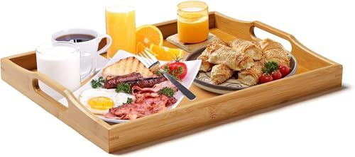 Superbe Große Bambus Serviertablett mit Griffen, Holz Tablett für Frühstück, Tee, Couchtisch, Dekoratives Butler-Ottoman-Tablett (Natürlich, 1)
