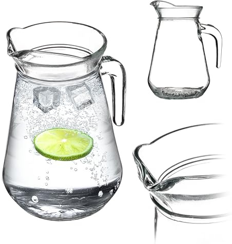 KADAX Krug, Glaskanne, Glaskrug aus robustem Glas 1,3L, Wasserkrug mit Auslauf und handlichem Griff, Glaskaraffe für kalte Getränke, Saft, Milch, Eistee, transparent (Teddy)