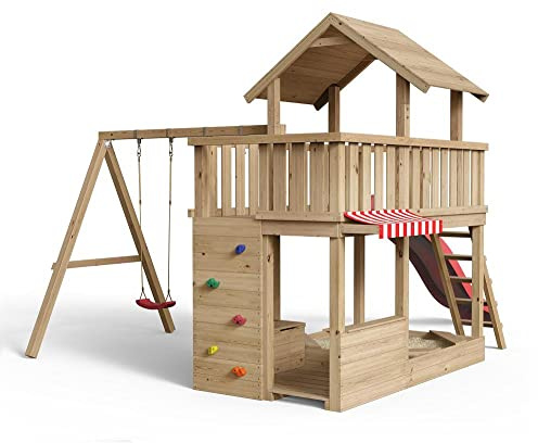 Spielturm Mia 363 - natürlich Lärche - außergewöhnlich - Spielturm mit Holzdach, Kletterwand, Spielkiste, Sandkasten, Kaufladen mit Dach, Doppelschaukel und Rutsche rot