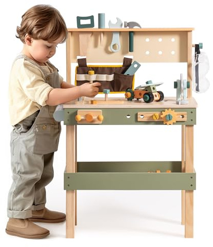 ROBOTIME Werkbank für Kinder aus Holz mit Werkzeuggürtel, ab 3 Jahren | Werkbank-Set mit Werkzeugen, Zahnrädern und Zeichenpapier für kreatives Handwerken, Rollenspiel und Bauspaß