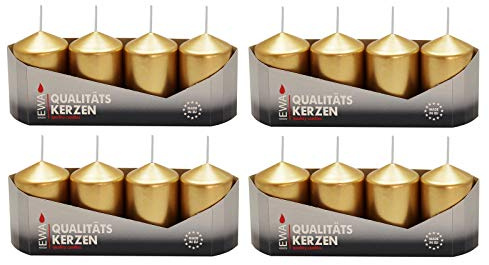 Stumpenkerzen Gold lackiert, 16 Stück (4 x 4), ca. 40 x 60 mm | Adventskerzen, Weihnachtskerzen, Säulenkerzen