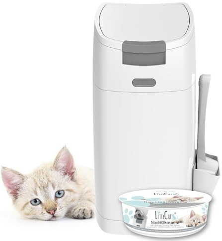 LittyCat® Katzenstreu Eimer inkl. Schaufel & 1 Nachfüllkassette • Geruchsdichter Entsorgungseimer für Katzenstreu • klick System mit Einhandbedienung • Katzenklo Mülleimer