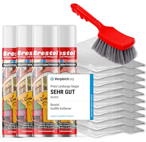 BRESTOL® GRAFFITI ENTFERNER 4x 400 ml Spray SET - inkl. Chemikalienbindevlies & Bürste - Graffitilöser Farbabbeizer Farblöser Farbentferner Lackentferner Lacklöser Lasurlöser Abbeizmittel Abbeizer