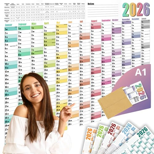 Jahresplaner Wandkalender 2026 Bunt - DIN A1 Wandplaner - Großer XXL Jahreskalender gefaltet - mit Feiertage und Schulferienübersicht - optimale Jahresplanung und Urlaubsplaner