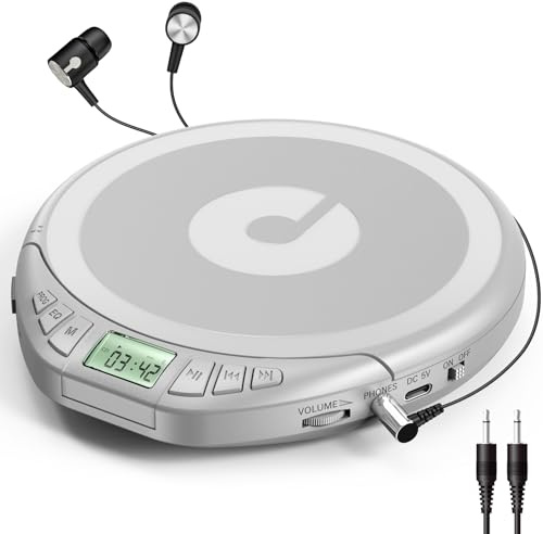 Gueray CD Spieler Tragbarer CD-Player Persönliche CD Players mit Kopfhörer LCD Display Anti-Skip Schutz HiFi Klassischer CD Musikplayer PROG-Speicherfunktion CD-Players für Auto Zuhause (Silber)
