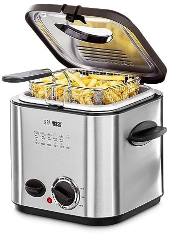 Princess 182611 Mini-Fritteuse mit Fondue – schnelle Erwärmung – Geruchsfilter – 1,2 Liter Inhalt, Silber