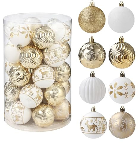 34 Stück Weihnachtskugeln,Christbaumkugeln Kunststoff Christbaumschmuck,Weihnachtsbaumschmuck Mit Schlüsselband,Rentier Gemaltes Set Balldekoration,Für Weihnachtsbaumschmuck (Weißgold)