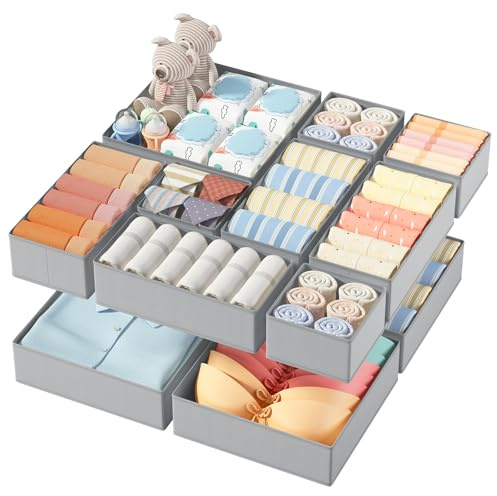 DIMJ 12er Schubladen Ordnungssystem Schubladen Organizer, Faltbare Aufbewahrungsbox Stoff, Unterwäsche Organizer, Organizer Kleiderschrank für Kleidung, BHS, Socken, Krawatten