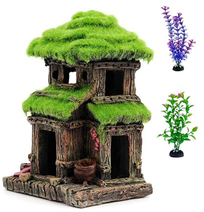 YZHZOM Fischhaus Dekoration - Aquarium Garnelen Versteck mit lebensechtem Moos, Fischversteck & Deko für Aquarium, enthält 2 Stück 10 cm künstliche Aquariumpflanzen