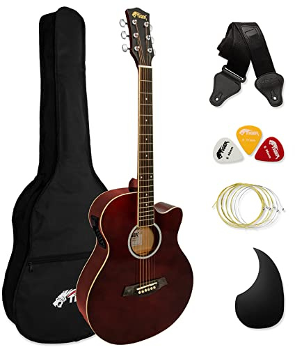 Tiger ACG4-RD Elektro-Akustische Gitarre mit 3-Band-EQ, 4/4 - Rot | Für Anfänger, Packung enthält Gigbag, Gurt und Ersatzsaiten