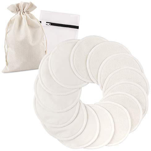 PHOGARY Waschbare Bio Bambus Stilleinlagen (14er Pack) | Wiederverwendbare Brustpolster | Modisch, Saugfähig, Hypoallergisch, Saugstark und Groß | INKLUSIVE Wäschesack und Speicher-Beutel