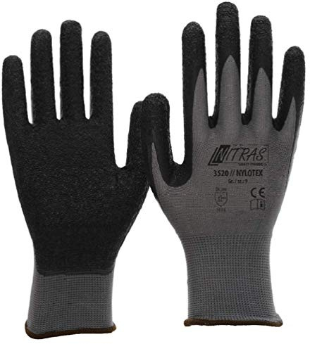 NITRAS Nylotex 3520 Nylon-Latexhandschuhe Arbeitshandschuhe 12 PAAR, Grau/Schwarz, 9/XL