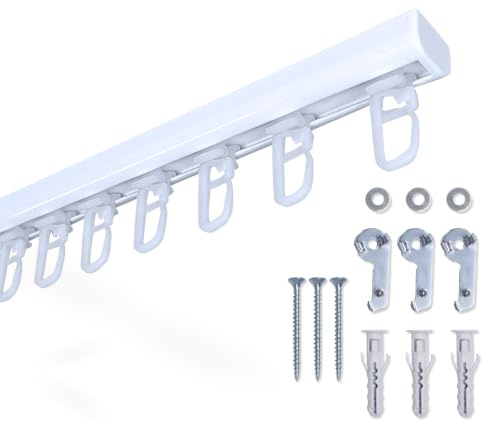 Rollmayer Aluminium Gardinenschiene Mini Weiß mit Faltenlegehaken 160cm | mit Deckenbefestigung glänzend 1-läufig Innenlaufschiene für Schiebevorhänge Gardinen und Vorhänge