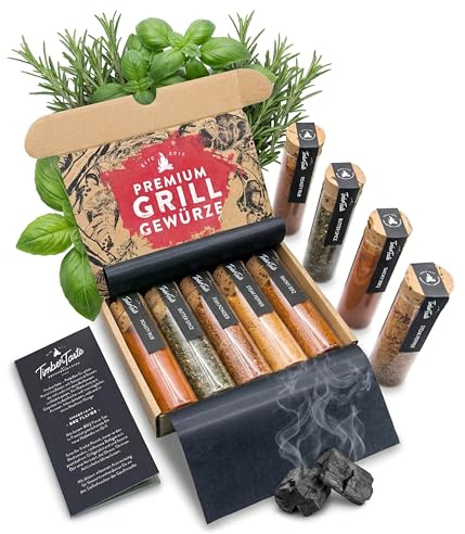 TIMBER TASTE® Grillgewürze Geschenkset - 5 BBQ Gewürze Rubs & Marinaden im Holzset | Gewürzset Geschenk Männergeschenke | Gewürze Set Geburtstagsgeschenk für Männer Feinkost - Geschenke für Männer