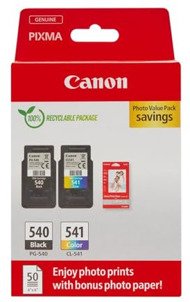Canon Tinte & Papier Multipack - PG-540/CL-541 Original Drucker Tintenpatronen 2er-Pack (1 x Schwarz, 1 x Farbe druckerpatronen) & 4x6 Fotopapier (50 x Blatt) Für PIXMA TS5150, TS5151, MG3650s, MG4250