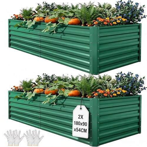 YITAHOME 2er-Set Hochbeet Metall 180x90x60cm, Hochbeete-Kit aus Verdicktem Zink-Aluminium-Magnesium-Edelstahl-Metall Hochbeete für Garten mit Stützstange & Handschuhe für Gemüse, Blumen (Grün)