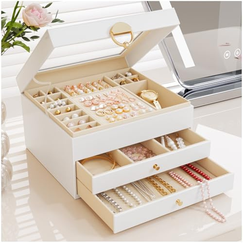OrderlyGo 3-Stöckiger Schmuckkästchen Groß Schmuckorganizer mit transparentem Deckel für Schmuckstücke, Ketten & Armbänder, stabile Schmuckaufbewahrung mit Samtfutter (Mattweiß)