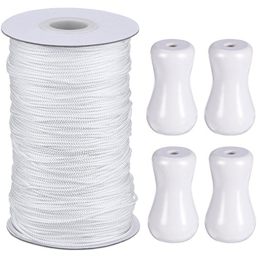1,8 Millimeter Weiße Umsponnene Aufzug Schatten Schnur 55 Yards/Rolle mit 4 Stück Weißem Holz Anhänger für Aluminiumblendenschatten, Gartenarbeit Anlage und Handwerk
