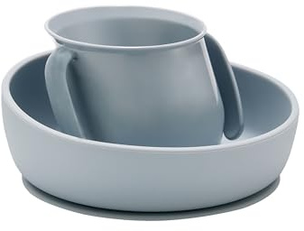 Doidy Cup & Bowl Kindergeschirrset - einzigartige geneigte Form mit einer Tasse zum Erlernen des Trinkens und einem Saugboden zum Befestigen der Schüssel - für Babys und Kleinkinder (Grau)