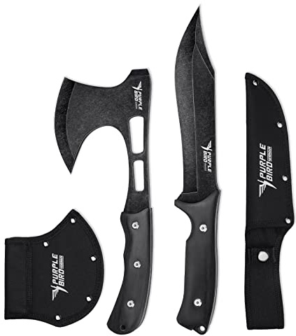 PURPLEBIRD Camping Axt Outdoor Messer Set, Axt Set 2 Teilig mit Scheide, Feststehend Jagdmesser Survival Messer und Spaltaxt Schärfe, Camping Beil mit Geschenkbox für Outdoor, Jagd, Garten