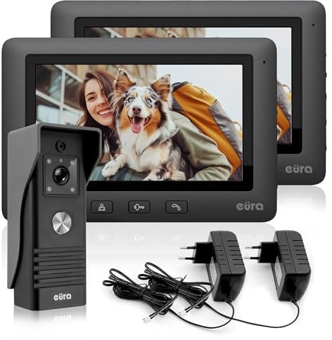 Eura VDP-45A3 Alpha Video-Türsprechanlage Gegensprechanlage 4 Draht, 7-Zoll-Farbmonitor, Schwarz, 2 Monitore