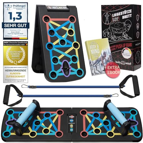 Body & Mind® Push-Up Liegestütz-Brett; Faltbares Multifunktions Elite Rack Fitness-Board für Ganzkörper-Training & Effektive Liegestützen; Liegestütz-Griffe mit Gratis Trainingsbänder & E-Book