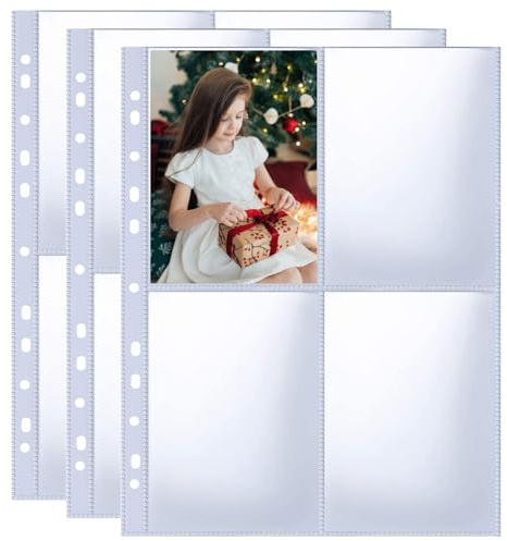 40 Pack 320 Taschen A4 Foto Hüllen für A4 2/3/4 Ringbuch, Transparente Postkartenhüllen, 4 Fächer, Doppelseitiger 4 Taschen Foto Seitenschutz, Top Loading Fotoalbum Nachfüllseiten(10x15 cm)