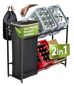 Getränkekistenregal Metall inkl. Pfandflaschen-Sammelbehälter, 4 Kisten | Entnehmbare Tasche mit Kordelzug · Forganizers 2in1Getränkeregal für PET-Flaschen · Leergut-Organizer für Küche & Keller