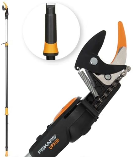 Fiskars Bypass Teleskop-Schneidgiraffe für frische Äste und Zweige, Antihaftbeschichtet, Stahlklinge/Aluminiumstiel, Länge 2,4 – 4 m, Schwarz/Orange, UPX86, 1023624