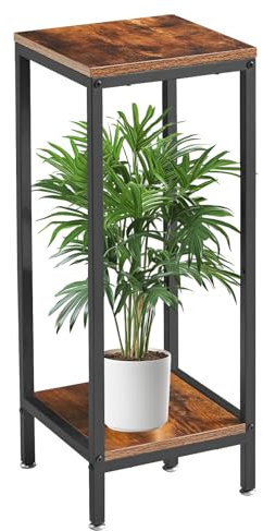 IBUYKE 2 Etagen Pflanzenregal Blumenständer,76cm, Rustikal Braun | Rechteckige Metall Pflanzenständer mit Holz Ablagen, Modern Hoch Pflanzentreppe für Innen Garten Balkon Wohnzimmer, TMJ071H