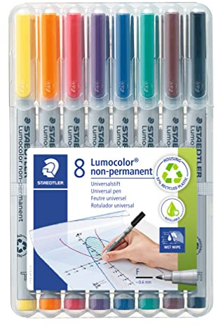 STAEDTLER Lumocolor 316 Non-Permanent – 8er-Box, F, 0,6 mm | Wasserlöslicher Folienstift, abwischbar – Universalstift für Folien – Art.-Nr. 316 WP8