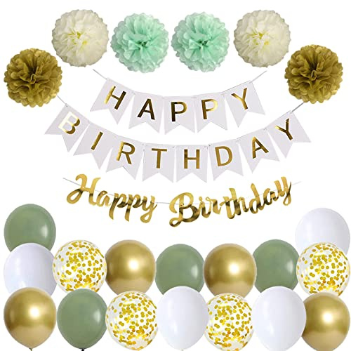 Ohighing Happy Birthday Weiß Gold Geburtstag Party Deko Set Geburtstag Girlande Luftballons Grün Gold Ballons 6 Pompoms Geburtstagsdeko Mädchen