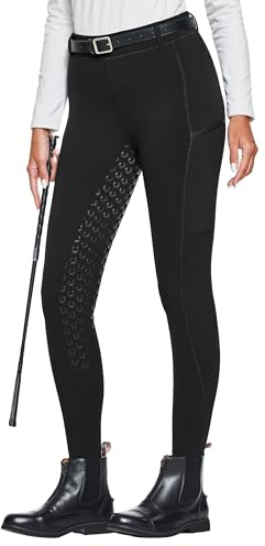 FitsT4 Sports Damen Winterreitleggings Fleece-Reithose Silikon Vollbesatz Reithose mit Reißverschluss-Taschen und Gürtelschlaufen,Schwarz,M