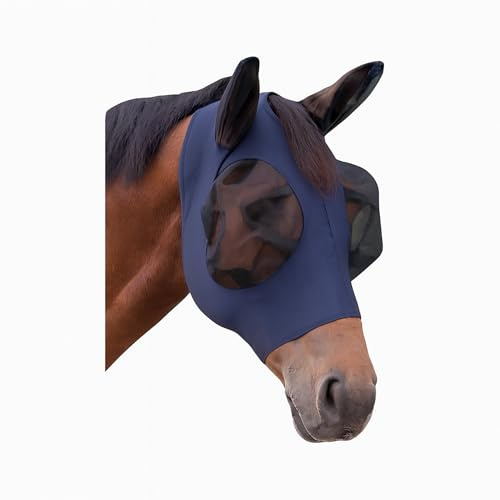 ARBO-INOX- Fliegenmaske mit Ohrenschutz-Fliegenhaube –Pferdemaske mit Reißverschluss- Elastische Passform gegen Insekten- Navy -Verschiedene Größen