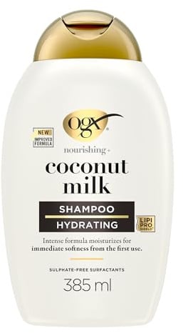 OGX Coconut Milk Shampoo 385 ml, feuchtigkeitsspendendes Haarshampoo mit Rizinusöl und Kokosöl für geschmeidiges, glattes und glänzendes Haar mit LipiPro Shield Technologie